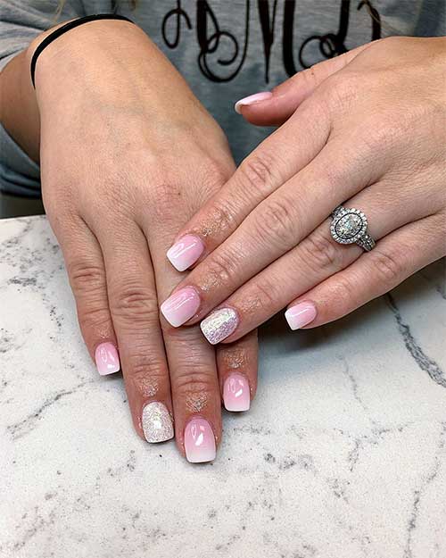 Stunning pink and white ombre short square nails with glitter accent nail Stunning pink and white ombre short square nails with glitter accent nail