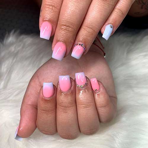 Cute Pink and White Ombre Short Gel Nails with rhinestones