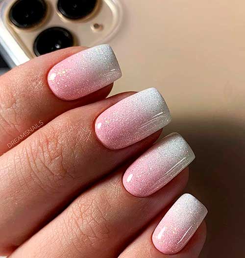 Cute Pink and White Ombre Nails Short Idea with glitter