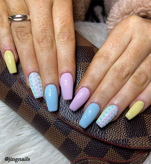 Cute pastel multicolor coffin acrylic nails with multicolor polka dots accent nail for spring 2020, multicolor nails