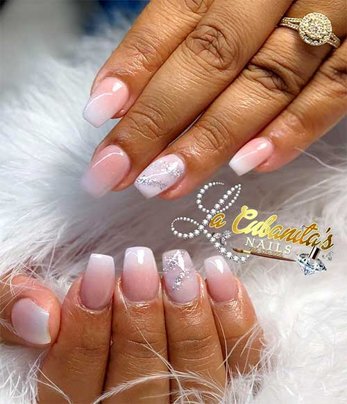 Cute short nails coffin shaped with accent nail adorned with silver glitter Cute short nails coffin shaped with accent nail adorned with silver glitter