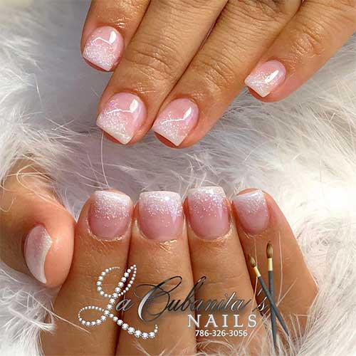 Cute square shape Pink and white short acrylic nails 2020 with glitter on tips
