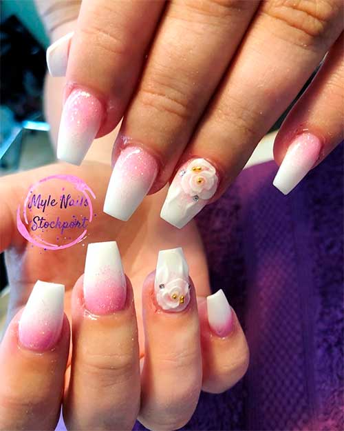 Cute pink and white ombre short coffin acrylic nails with glitter and 3d flower on accent nail