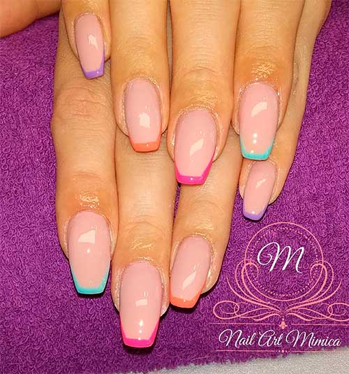 Cute multi color french tip nails coffin shaped for spring time, French multicolor nails, French spring nails