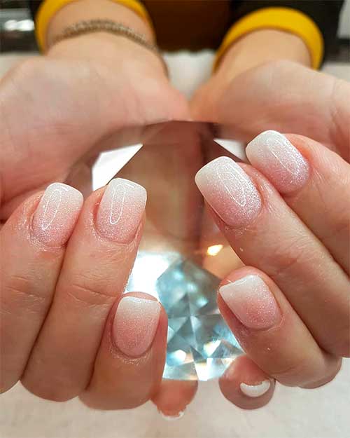 Stunning sparkly square shape Pink and White Ombre Nails 2020 using dip powder