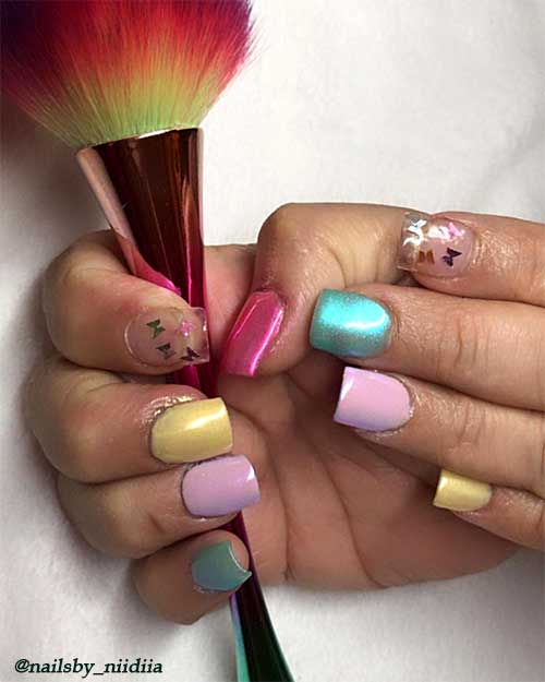 pastel multicolored nails with accent butterfly acrylic clear nail, chrome multicolor nails