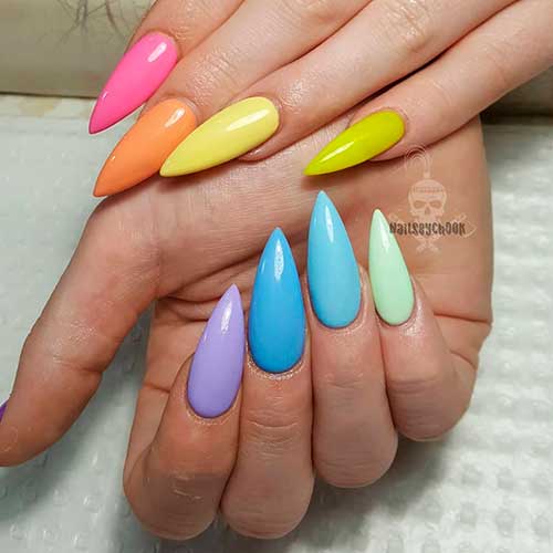 Cute pastel Multicolor stiletto nails design, multicolor nails, spring nails