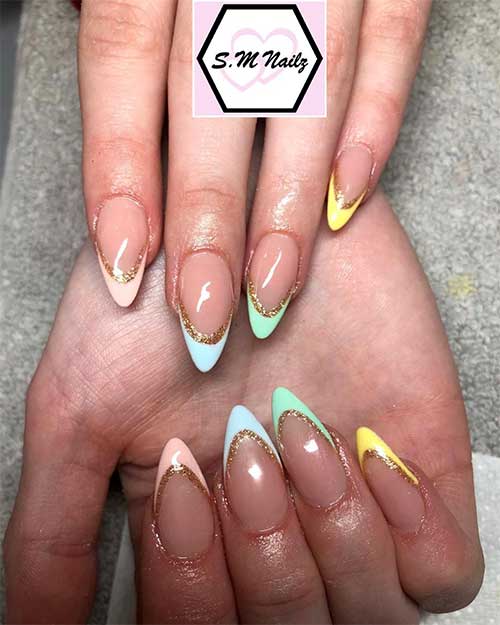 Almond shaped pastel multicolor acrylic French nails tips with gold glitter for spring 2020, multicolor nails
