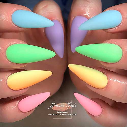 Cute matte multi colored acrylic stiletto nails for spring 2020, multicolor nails, spring nails
