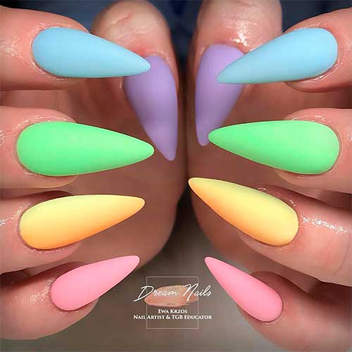 Cute matte multi colored acrylic stiletto nails for spring 2020 Cute matte multi colored acrylic stiletto nails for spring 2020, multicolor nails, spring nails