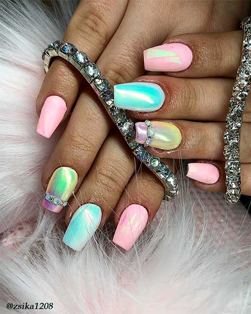 Pastel multi colored coffin nails with accent holo nail adorned with rhinestones for spring 2020, multicolor nails