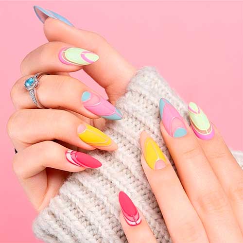 Gorgeous pastel multi colored almond nails design for spring 2020, multicolor nails, spring nails