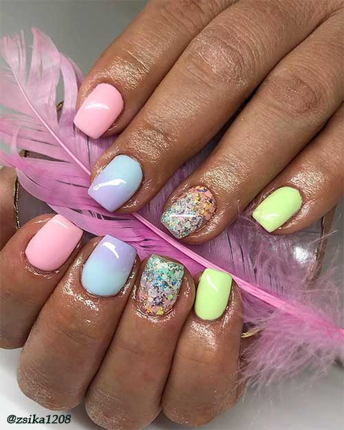 Cute short Pastel Coloured Nails With Glitter accent nail for spring days, multicolor nails, spring nails