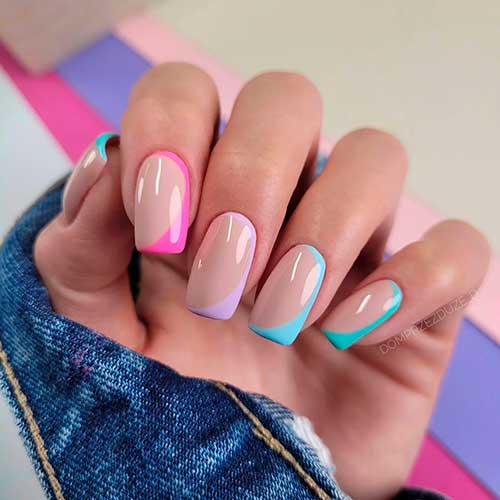 Cute Square Multicolor Nails Design with A French Twist