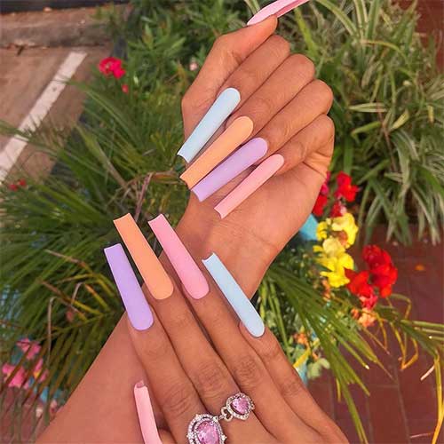 Cute long matte pastel multicolor squared acrylic nails 2020, long multicolor nails, spring nails