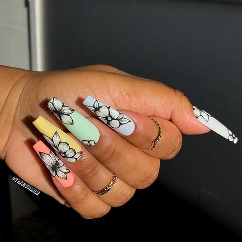 Cute matte pastel multi colored coffin nails 2020 with floral stamping design, floral multicolor nails, spring nails