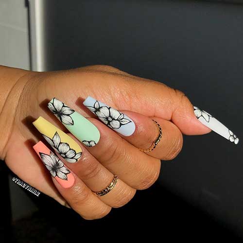 Cute matte pastel multi colored coffin nails 2020 with floral stamping design Cute matte pastel multi colored coffin nails 2020 with floral stamping design, floral multicolor nails, spring nails