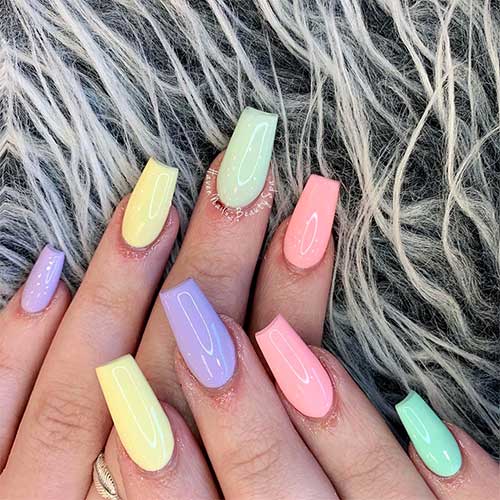 Cute multi colored pastel acrylic nails coffin shaped set, multicolor nails, coffin spring nails