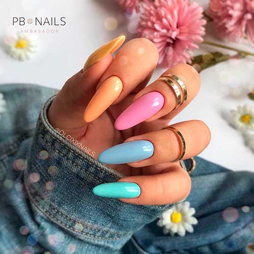 Cute multicolor nails almond shaped for lovely spring look, glossy multicolor nails, spring nails
