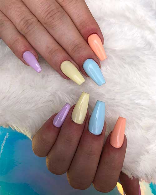 Cute pastel multi colored coffin nails 2020, coffin multicolor nails, spring nails