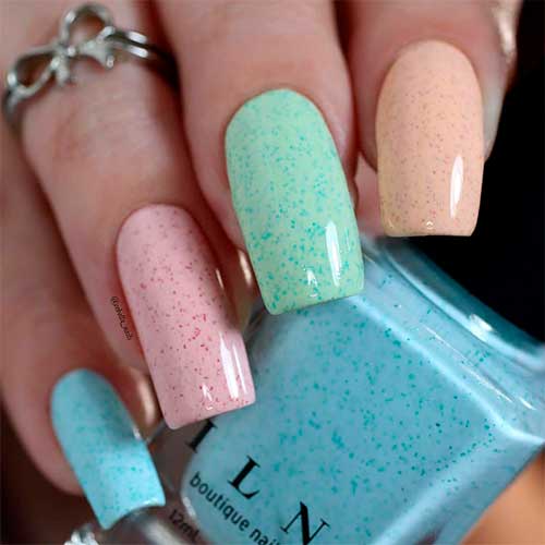 Cute pastel multicolored acrylic square nails long with flakie nail polish, multicolor nails