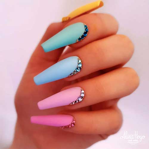 Gorgeous matte pastel multi color coffin acrylic nails with rhinestones, multicolor nails, spring nails