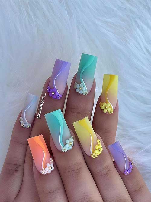 Long Square Shaped Matte Ombre Multi Color Nails with Floral and Swirl Nail Art