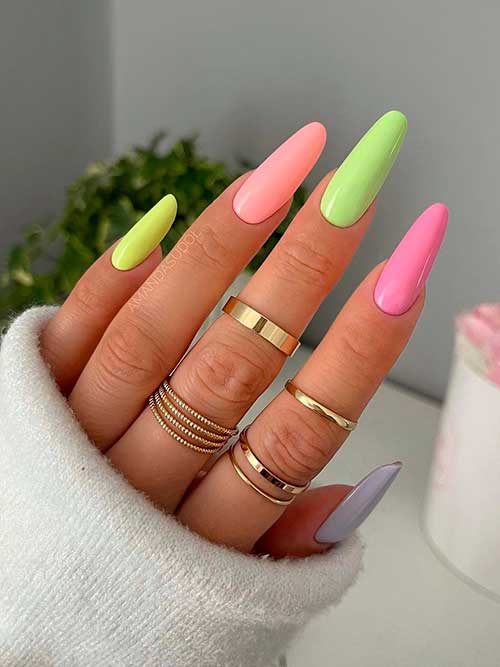 Long Almond Shaped Pastel Neon Multicolor Nails 2022