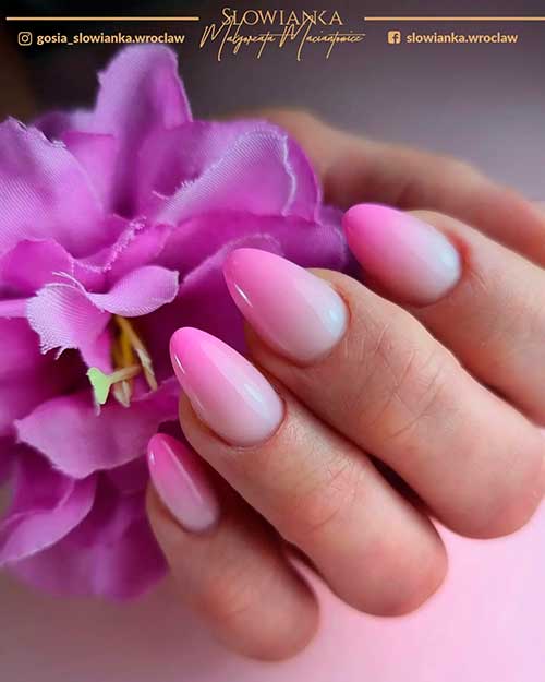 Glossy almond shaped Pink and White short ombre nails 2022