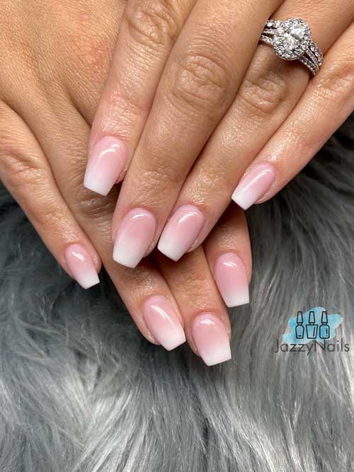 Short Coffin Pink and White Ombre Nails