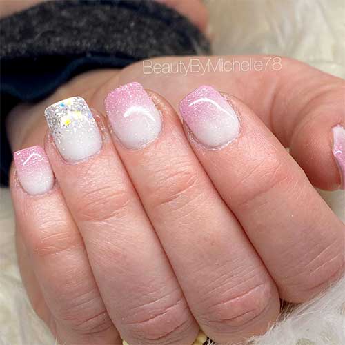 Cute pink and white short nails 2020 with glitter and accent white nail with silver glitter