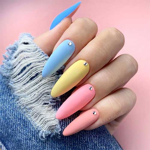 Spring multi matte color nails design almond shaped with crystals, multicolor nails, spring nails