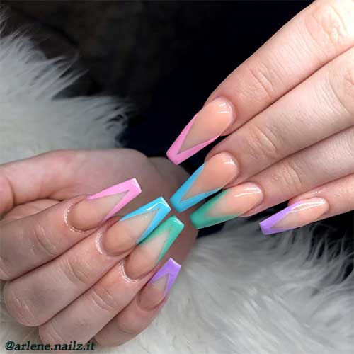 Pastel multi color french nails coffin shaped long for spring 2020, multicolor nails, French spring nails