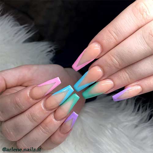 Pastel multi color french nails coffin shaped long for spring 2020 Pastel multi color french nails coffin shaped long for spring 2020, multicolor nails, French spring nails