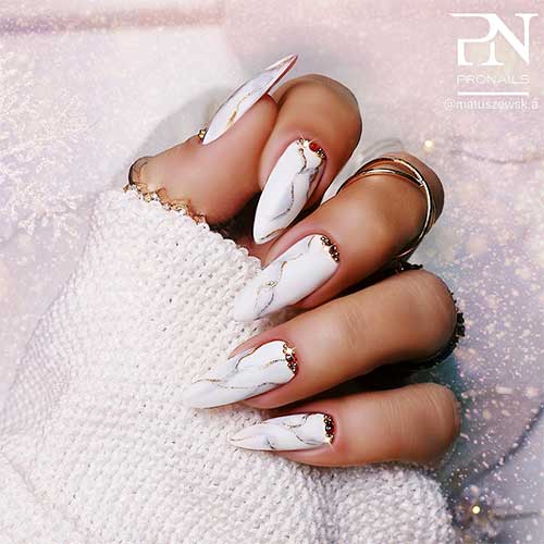 white marble almond nails long with rhinestones on cuticle area - Marble almond shaped nails!