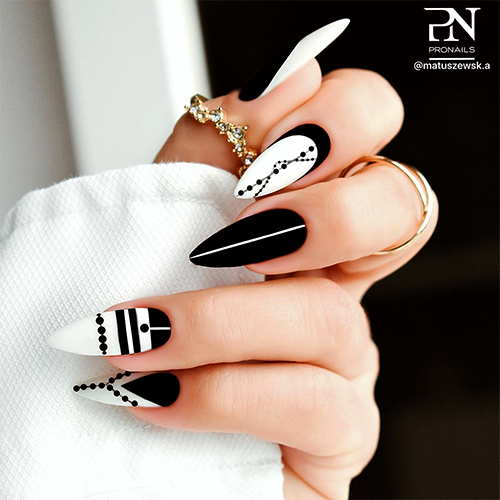 Cute hand painted matte black and white acrylic almond nails set, fancy almond shaped nails