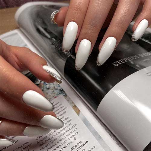 Silver Glitter French Tip on Almond Nails White Long, classy French almond shaped nails