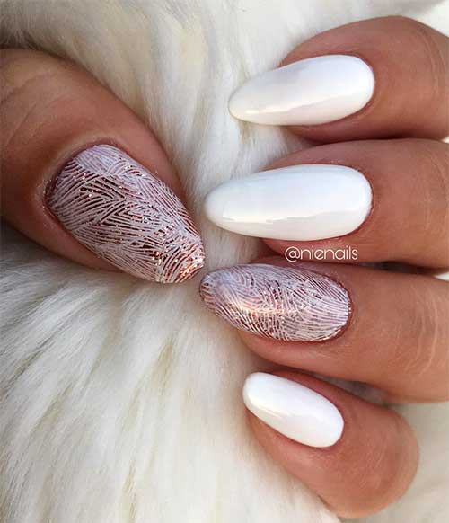 Glossy White Almond Acrylic Nails with Glitter Stamping Accent Nail Design Glossy Almond White Acrylic Nails with Glitter Stamping Accent Nail Design
