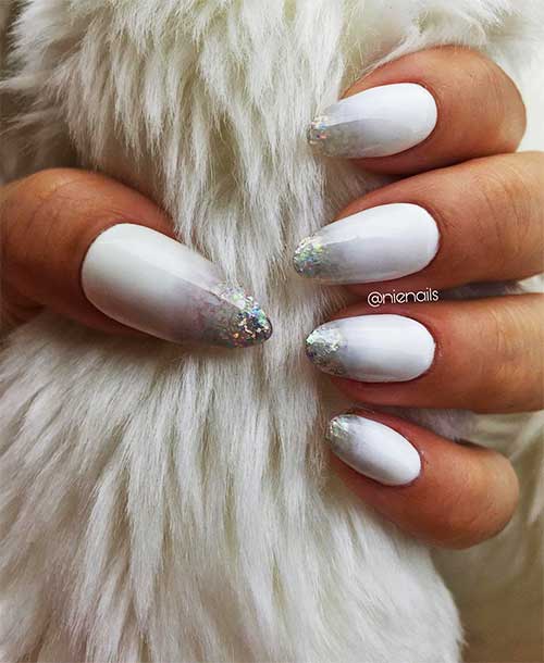 Cute white almond nails with glitter tips Design, glitter almond shaped nails