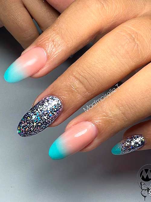 Long Round Blue Ombre Nails with Silver Glitter for Summer 2022