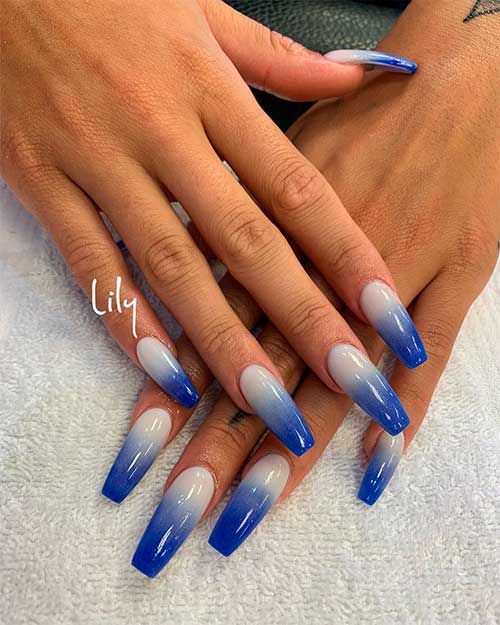 Blue and white ombre nails coffin shaped long