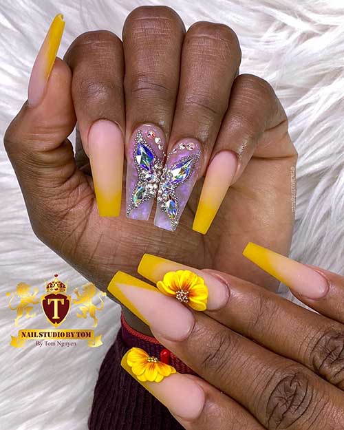 Coffin shaped yellow ombre sunflower nails 2020 with two accent butterfly rhinestone nails design