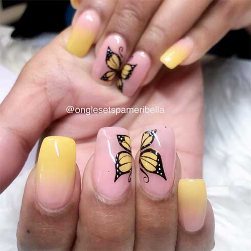 Cute Square shaped Ombre Nails Yellow and Pink butterfly nails art