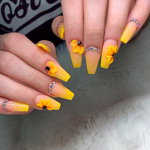 press on nails coffin shaped yellow ombre nails with sunflower design