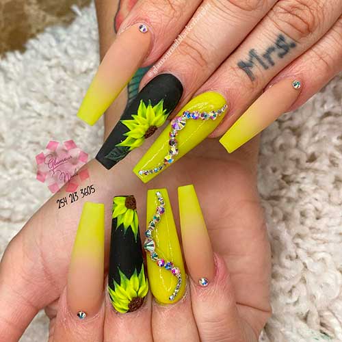 Matte Lime Green Ombre Nails with Accent Black Sunflower Nail Matte Lime Green Ombre Nails with rhinestones and two Accent Black Sunflower and glossy lime green nails 2021
