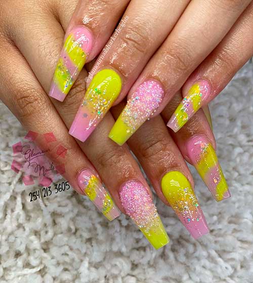 Cute lime green to pink ombre nails 2021 coffin shaped with sugar glitter