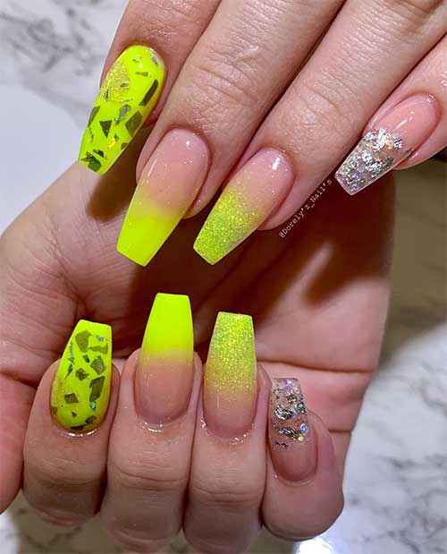 Cute neon lime green nails ombre with glitter and foil flakes Cute neon lime green nails ombre with glitter and foil flakes
