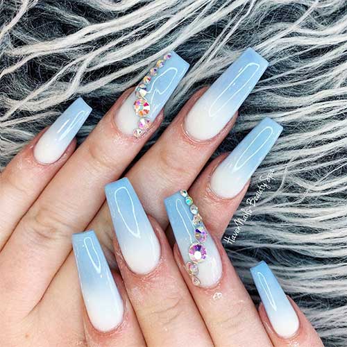 Cute white and light blue ombre nails coffin shaped set with accent light blue ombre coffin nails with rhinestones