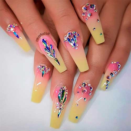 Cute yellow ombre matte nails coffin shaped with rhinestones design!