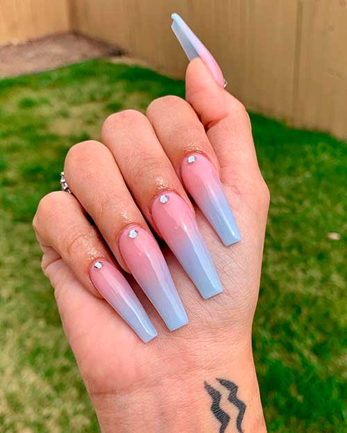 Fancy Pink and Blue Ombre nails design with gems